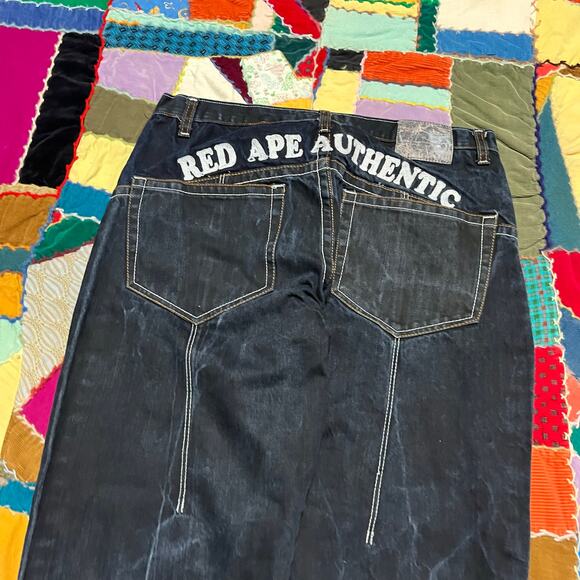 Red Ape Y2K White Embroidered Dark Washed Baggy Jeans 36Wx30L - Picture 3 of 7